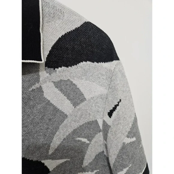 Express Mens Floral Knit Button Down Polo Shirt Black Grey Tropical Leaf Large - Picture 3 of 6